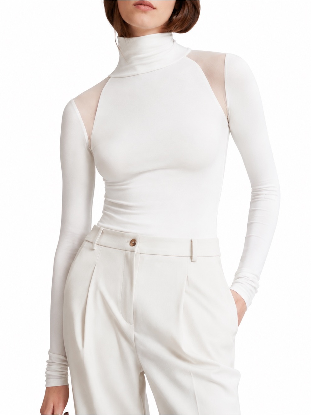 Marcella NYC Maria Mesh Inset Turtleneck  0677 Top White Large Modern Minimalist